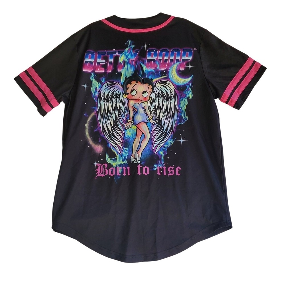 Betty Boop Born To Rise Angel Wings Black Pink Baseball Jersey Shirt Top Size M